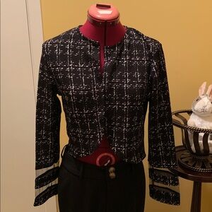 Chic Black and White Print Jacket with Clear bands in the cuff region NWOT